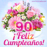 GIF de un colorido ramo de flores rosas, lilas y blancas, con el número 90 destacado en rosa y el mensaje '¡Feliz cumpleaños!' en un estilo encantador.