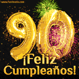 GIF animado con globos dorados en forma del número 90, acompañado de fuegos artificiales de colores y la frase '¡Feliz cumpleaños!' en letras vibrantes.