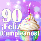 Animación de un cupcake con cobertura blanca, confites de colores, una vela encendida y el número 90 en grande sobre un fondo púrpura con luces brillantes.