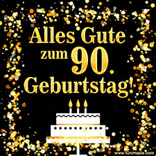 Dieses lebhafte Geburtstags-GIF zeigt eine Torte mit Kerzen, goldenem Konfetti und der Zahl 90.