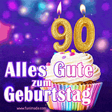Ein glänzendes Geburtstags-GIF mit goldenen Kerzen mit der Zahl 90 auf einem weißen cremefarbenen Cupcake und dem Text 'Alles Gute zum Geburtstag'.
