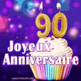 GIF animé joyeux anniversaire pour 90 ans avec un cupcake coloré, des bougies dorées en forme de 90 et un fond violet scintillant.