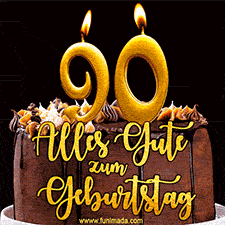 Animiertes GIF mit einer Schokoladen-Geburtstagstorte, großen goldenen Kerzen mit der Zahl 90 und einem dekorativen Text mit der Aufschrift 'Alles Gute zum Geburtstag'.