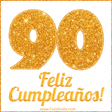 Imagen animada con el número 90 en diseño dorado brillante acompañado de la frase 'Feliz cumpleaños' sobre un fondo blanco simple y elegante.