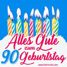 Ein buntes Geburtstags-GIF mit strahlenden Kerzen auf einer festlichen Torte zur Feier des 90.