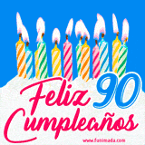 Animación de un pastel decorado con velas coloridas y encendidas, el número 90 destacado en azul y la frase 'Feliz cumpleaños' en letras estilizadas.