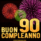 Animazione di fuochi d'artificio colorati con il numero 90 in oro brillante e la scritta 'Buon Compleanno' su uno sfondo nero festivo ed elegante.