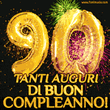 Palloncini dorati a forma del numero 90, accompagnati da scintille e fuochi d'artificio su sfondo nero, con il messaggio 'Tanti auguri di Buon Compleanno!'.