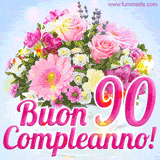 Bouquet animato con rose rosa, margherite e altri fiori colorati, con il numero 90 e la scritta 'Buon Compleanno!' in stile elegante e luminoso.