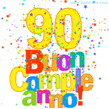 Animazione con il numero 90 in giallo e scritte multicolore 'Buon Compleanno!', accompagnate da una pioggia di stelle e coriandoli colorati.