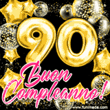 Animazione con palloncini dorati a forma del numero 90, circondati da decorazioni scintillanti e la scritta 'Buon Compleanno!' in caratteri rosa accattivanti.