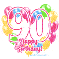 Colorful heart-shaped balloons frame GIF for a 90th birthday celebration