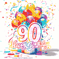 Animated star-shaped confetti, multicolor balloons, and a gift box in a joyful 90th birthday GIF