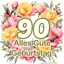 Ein elegantes GIF mit einem Blumenkranz in zarten Tönen, der großen Zahl 90 und den Worten 'Alles Gute zum Geburtstag'.