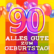 Große Zahl 35 in Umrissschrift, die Worte 'Alles Gute zum 90. Geburtstag', mehrfarbige animierte Ballons und lebendiger Hintergrund.