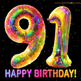 Shiny number 91 birthday celebration balloons with an iridescent glow and glitter on a black background with twinkling stars.