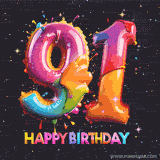 A vibrant age-specific birthday short animation displays the number '91' in shiny balloon-like letters with the words 'Happy Birthday' underneath. The dark background is punctuated with festive stars and balloons.