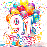 Animazione con palloncini colorati e scintillanti, accompagnata dal numero 91 in caratteri grandi e luminosi, e la scritta 'Tanti Auguri!' in stile vivace.