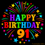 A birthday cake with lit candles is shown with colorful balloons and animated confetti.