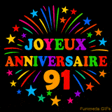 GIF animé 'Joyeux Anniversaire 91' avec des lettres colorées et des feux d'artifice éclatants