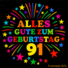 Animiertes GIF 'Alles Gute zum Geburtstag 91 mit bunten Buchstaben und leuchtenden Sternen