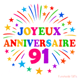 GIF animé joyeux anniversaire 91 ans avec étoiles multicolores et feu d’artifice