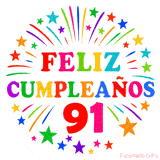Imagen animada para felicitar los 91 años con letras de colores y diseño festivo.
