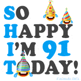 A fun birthday animation celebrating turning 91 with colorful party hats, smiling faces, and cheerful emojis.