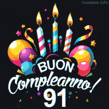 Augura buon compleanno ai 91 anni con questa GIF colorata e festosa: palloncini, stelle e candele per un augurio digitale indimenticabile