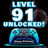 Animated GIF for a 91 birthday. The text 'Level 91 Unlocked!' and 'Happy Birthday!' are displayed over a blue video game controller with exploding fireworks in the background.