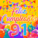 Un GIF animado para un 91º cumpleaños, Muestra el texto 'Feliz Cumpleaños 91' sobre un fondo amarillo vibrante con globos de colores, banderines y una lluvia de confeti.