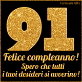 Un GIF animato per un 91° compleanno, Presenta il testo 'Buon Compleanno 91' su uno sfondo giallo vivo con palloncini colorati, festoni e una pioggia di coriandoli.