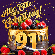 Eine köstlich aussehende animierte Geburtstagskarte für den 91. Geburtstag, dekoriert mit Erdbeeren, Blaubeeren und goldenen Details, Sterne funkeln und fallen, mit 'Alles Gute zum Geburtstag!'-Text.