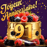 Une animation de célébration d'un gâteau de 91ème anniversaire, Des étoiles dorées tombent du ciel, mettant en valeur le texte 'Joyeux Anniversaire !' et le nombre doré 91 à l'avant du gâteau.