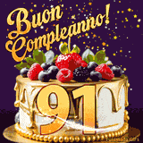 Un GIF animato di una bellissima torta per il 91° compleanno con glassa dorata e frutti di bosco freschi, Il numero dorato 91 è davanti, e stelle cadono su uno sfondo viola scuro.