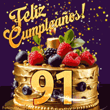 Una animación de celebración de una tarta para el 91º cumpleaños, Estrellas doradas caen del cielo, destacando el texto '¡Feliz Cumpleaños!' y el número dorado 91 en la tarta.