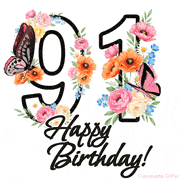 A floral 91st birthday animated greeting card. The number '91' is surrounded by animated flowers and butterflies, creating a beautiful and cheerful way to celebrate the milestone.