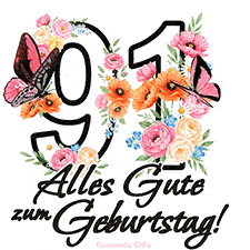 Ein florales GIF zum 91. Geburtstag. Die Zahl '91' ist von animierten Blumen und Schmetterlingen umgeben und bietet eine schöne und fröhliche Art, den Meilenstein zu feiern.