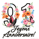 Ce GIF de Joyeux 91ème Anniversaire présente le nombre vingt rempli d'un bouquet vibrant de fleurs animées, avec des papillons qui bougent doucement sur un fond blanc.