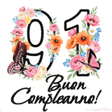 Questo GIF di Buon 91° Compleanno mostra il numero venti riempito con un vibrante bouquet di fiori animati, con farfalle che si muovono dolcemente su uno sfondo bianco.