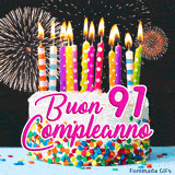 GIF buon compleanno 91 anni con torta decorata, candeline animate e scintille di luce che circondano la scritta rosa centrale.