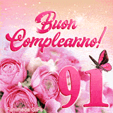 GIF buon compleanno 91 anni con fiori rosa, farfalla animata e scintille di luce che circondano il numero rosa centrale.