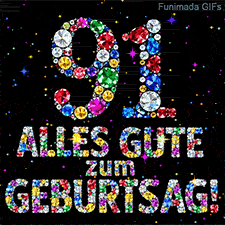 Die Ziffer 91 und die Worte Alles Gute zum Geburtstag, zusammengesetzt aus bunten Kristallen vor dunklem Hintergrund mit Glitzersternchen.