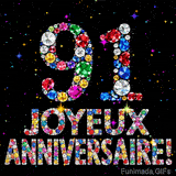 Image animée montrant le chiffre 91 et le texte Joyeux Anniversaire composés de pierres précieuses, avec un effet de scintillement sur fond noir.