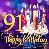 A sweet cupcake with lit colorful candles sits beside the golden number 91. Cursive Happy Birthday text is below on a sparkling purple lighted background.