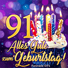 Muffin mit Streuseln und leuchtenden Kerzen neben der goldenen 91. Der kursive Glückwunsch leuchtet vor einem violetten Sternenhintergrund.