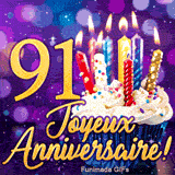 Image animée pour 91 ans représentant le nombre 91 d'or, un petit gâteau et des bougies claires sur fond violet.