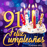 Imagen animada para 91 años representando el número 91 de oro, un lindo pastelito y velas encendidas sobre fondo violeta.
