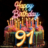 Animated spinning birthday cake GIF with rainbow frosting swirls, burning candles, and glowing yellow number 91.