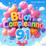 Il numero azzurro 91 pende sotto un mazzo di palloncini vivaci in movimento. Le lettere a palloncino 3D compongono Buon Compleanno in pieno centro.